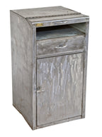 completely refinished c. 1950's vintage american industrial stationary brushed metal multi-purpose machine shop storage cabinet with single hinged cabinet door and pull-out drawer