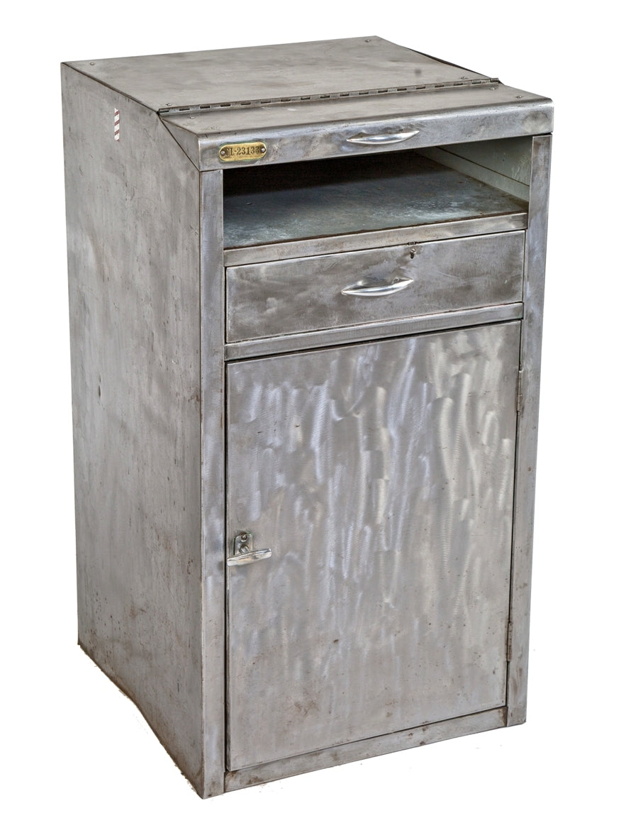 completely refinished c. 1950's vintage american industrial stationary brushed metal multi-purpose machine shop storage cabinet with single hinged cabinet door and pull-out drawer