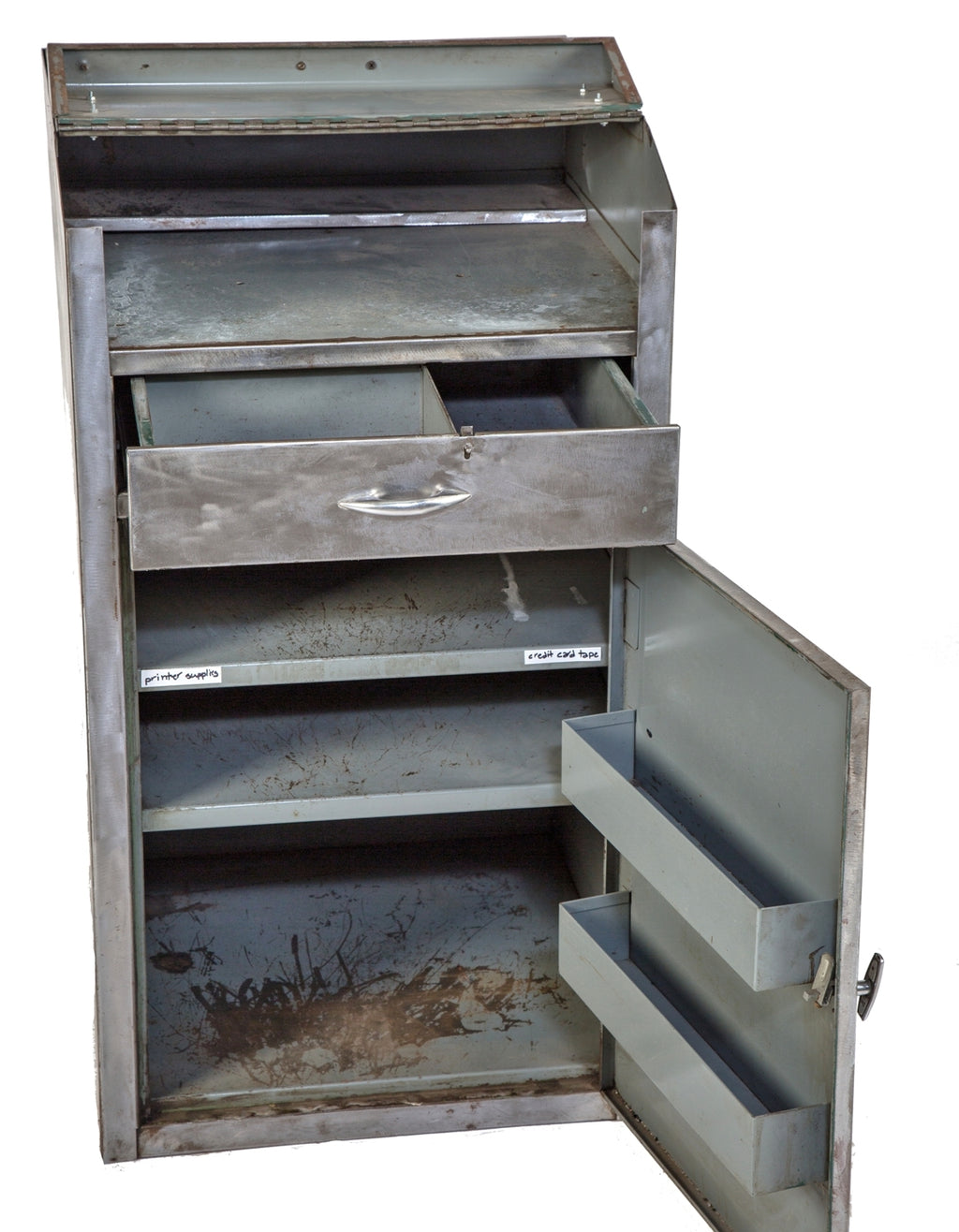completely refinished c. 1950's vintage american industrial stationary brushed metal multi-purpose machine shop storage cabinet with single hinged cabinet door and pull-out drawer
