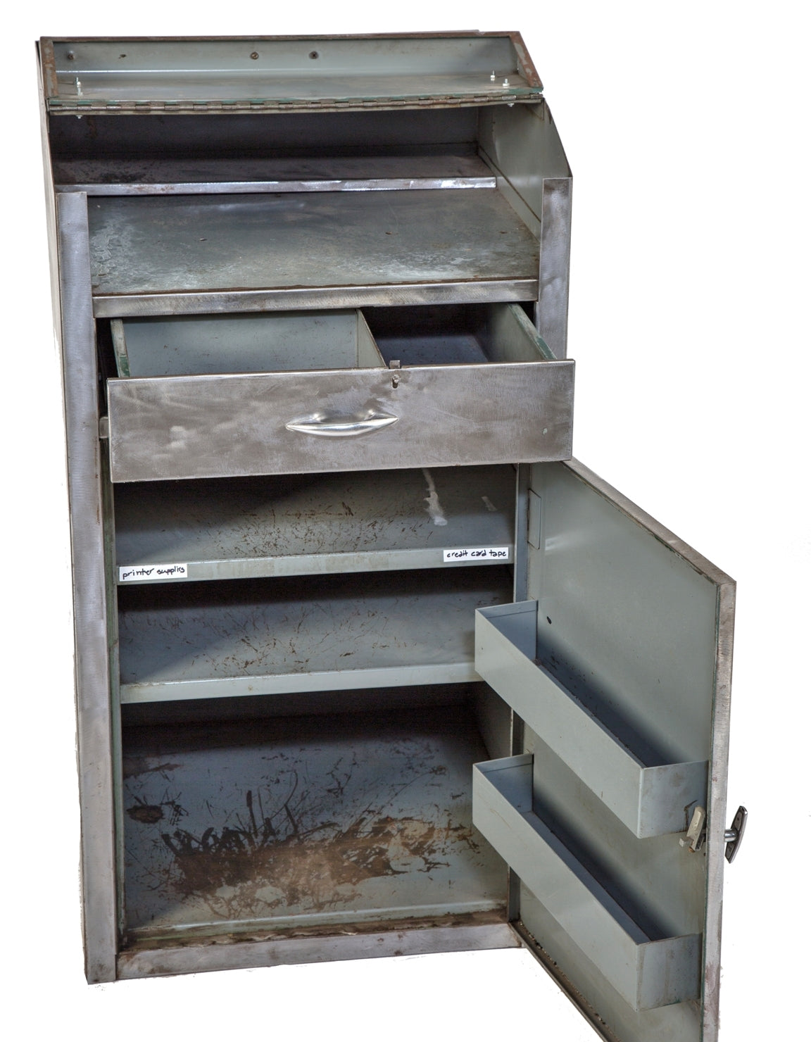 completely refinished c. 1950's vintage american industrial stationary brushed metal multi-purpose machine shop storage cabinet with single hinged cabinet door and pull-out drawer