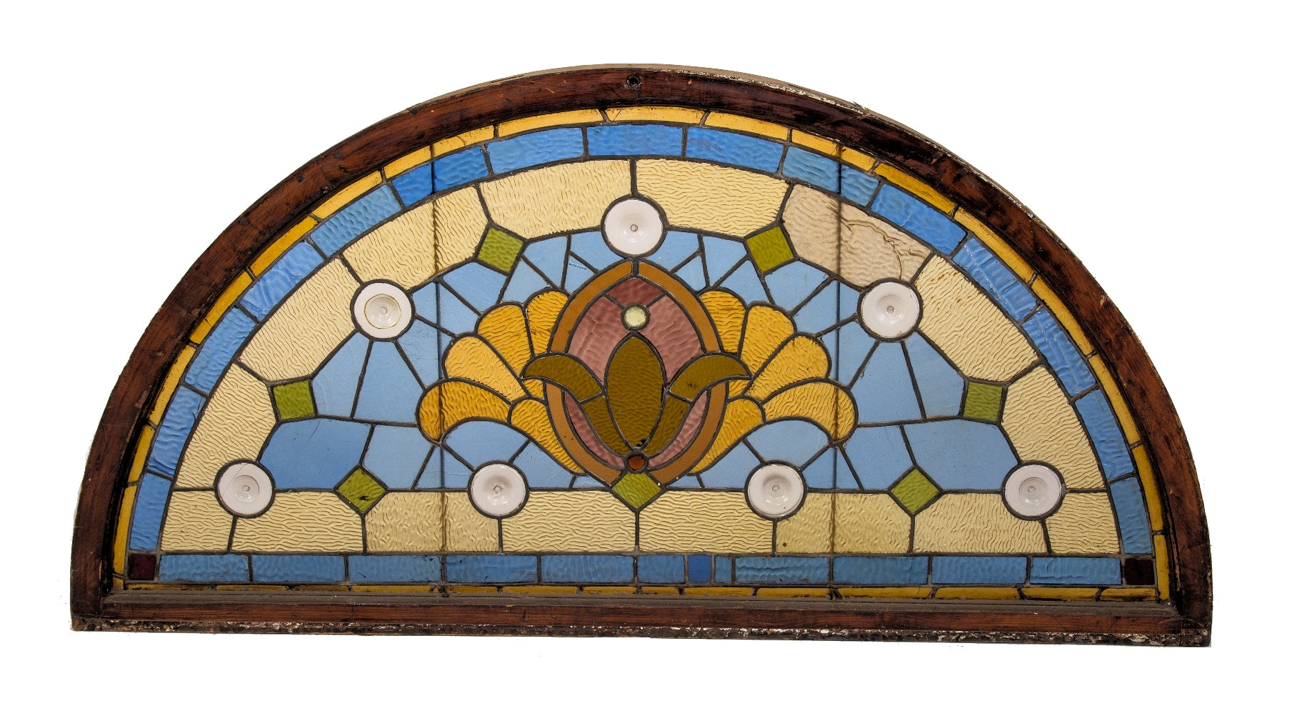 original and intact 19th century oversized antique american victorian era interior residential stained glass arch top window or lunette with intact wood sash frame