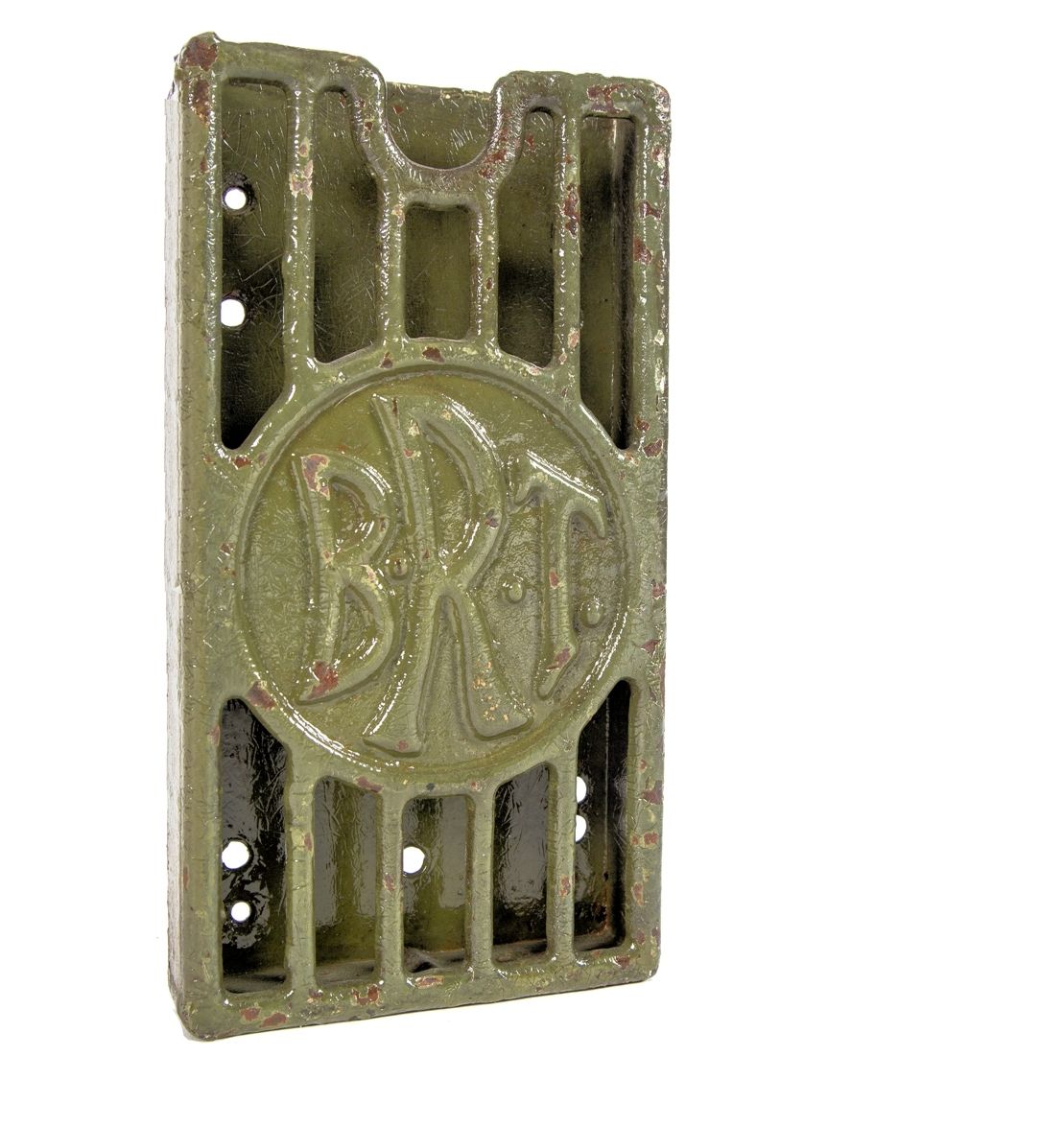 exceptionally rare original early 20th century brooklyn rapid transit ornamental cast iron wall mount single slot map holder with an allover crazed green paint finish