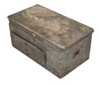 exceptional primitive 19th century portable american industrial weathered and worn painted pine wood railroad roundhouse mechanic's tool chest with three pull-out drawers
