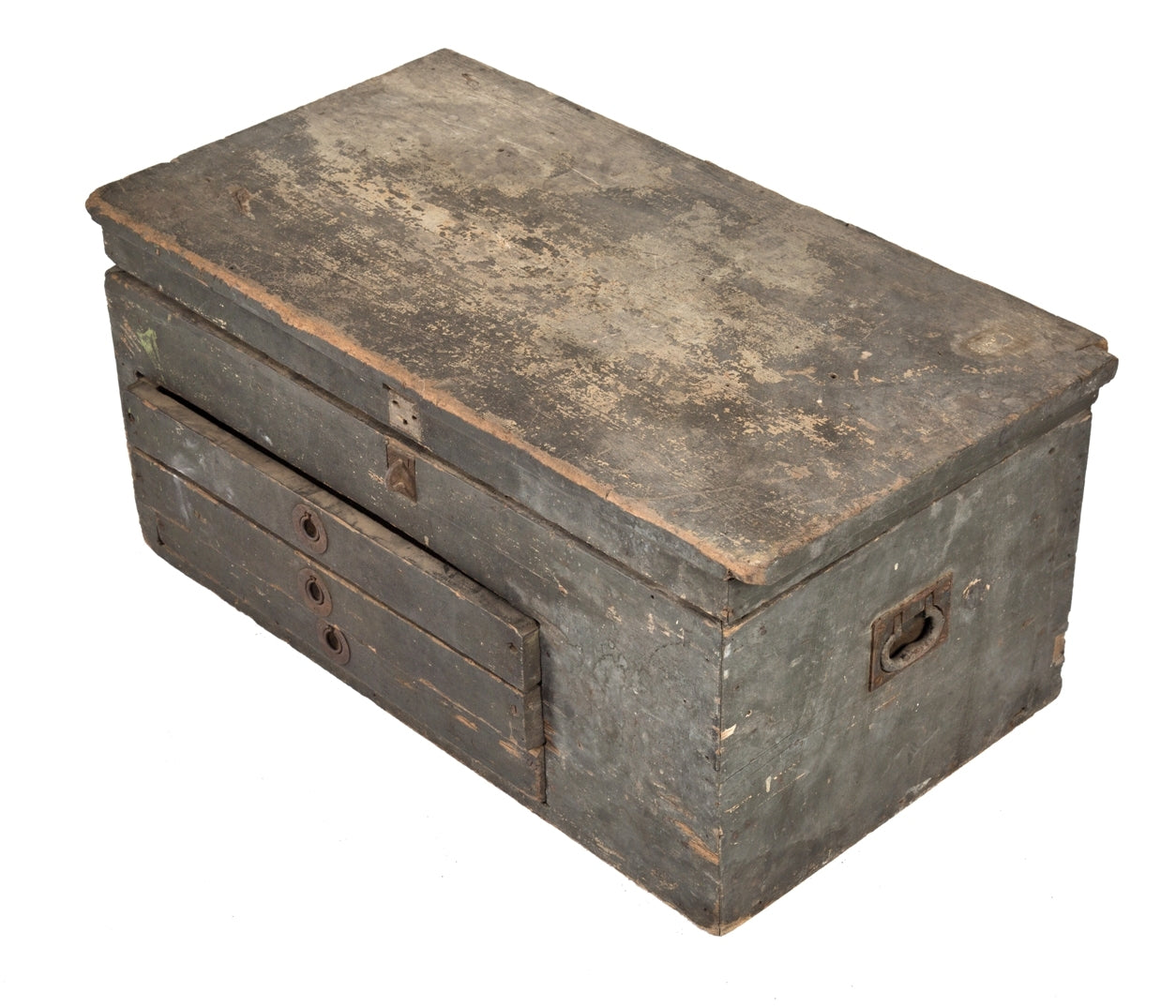 exceptional primitive 19th century portable american industrial weathered and worn painted pine wood railroad roundhouse mechanic's tool chest with three pull-out drawers