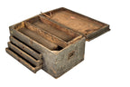 exceptional primitive 19th century portable american industrial weathered and worn painted pine wood railroad roundhouse mechanic's tool chest with three pull-out drawers