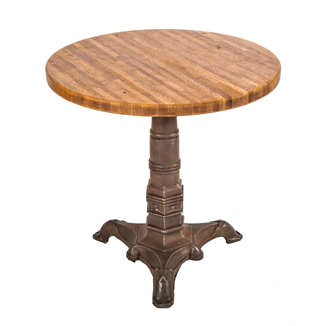 late 19th or early 20th century completely refinished antique american industrial brushed cast iron stationary saloon or pub table with circular-shaped solid oak wood tabletop