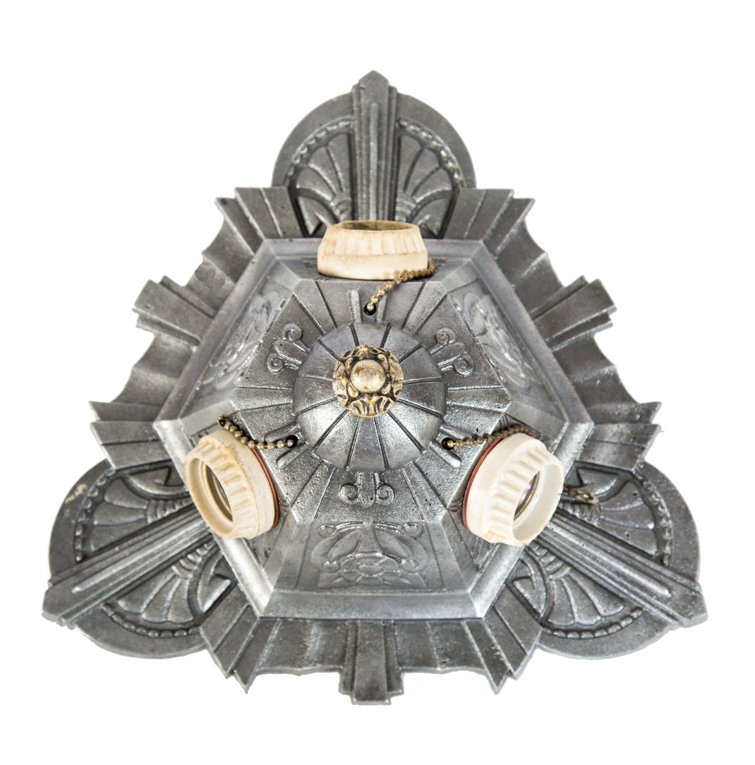 original c. 1930's american art deco interior salvaged chicago residential flush-mount cast aluminum three-light barebulb fixture with uniform brushed metal finish