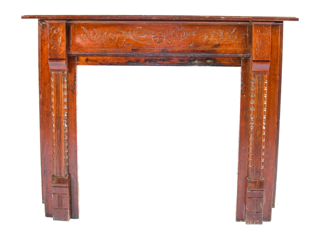 highly desirable late 19th original and intact hand-carved cherry wood salvaged chicago fireplace mantel with elegantly designed floral motifs along the frieze