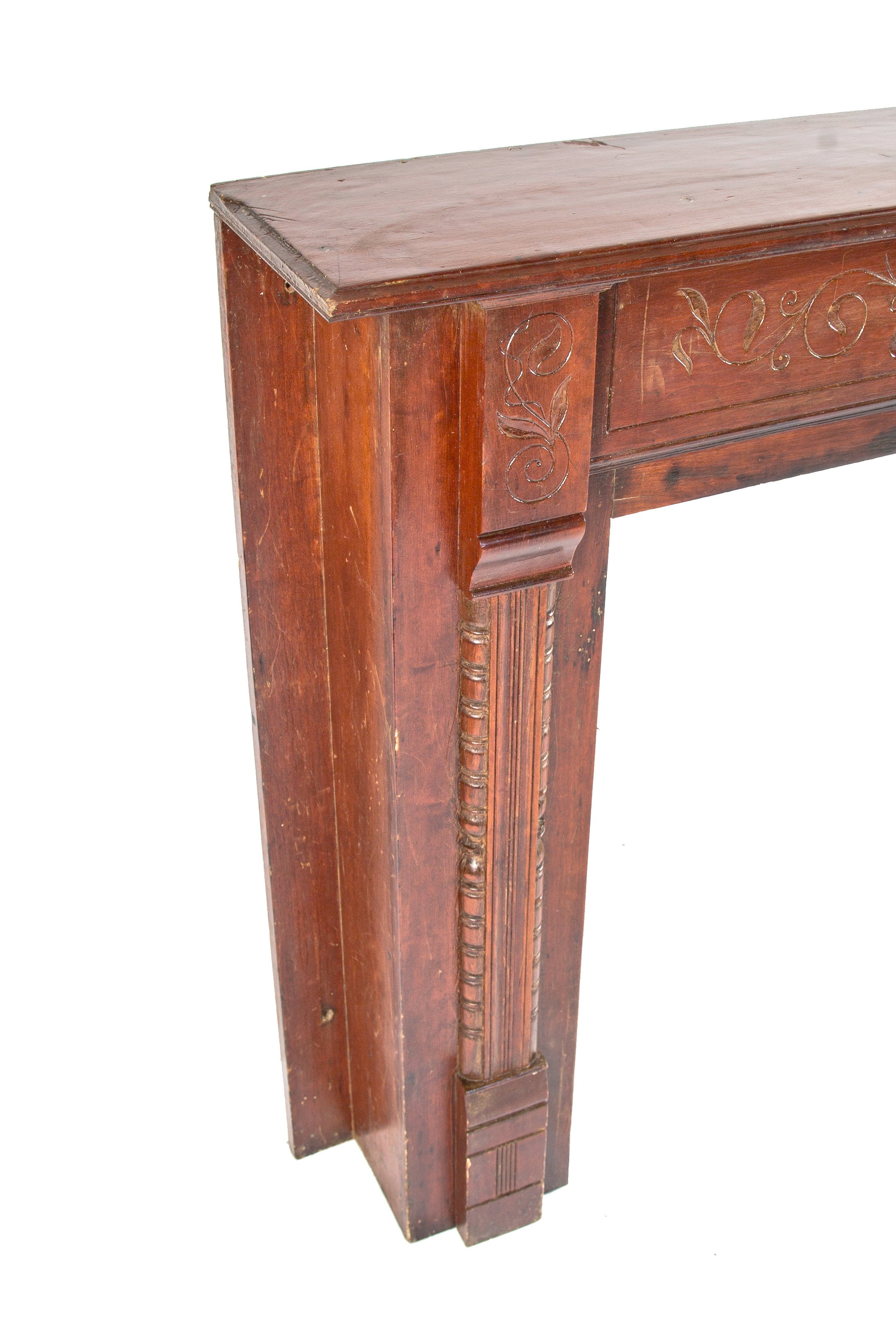 highly desirable late 19th original and intact hand-carved cherry wood salvaged chicago fireplace mantel with elegantly designed floral motifs along the frieze