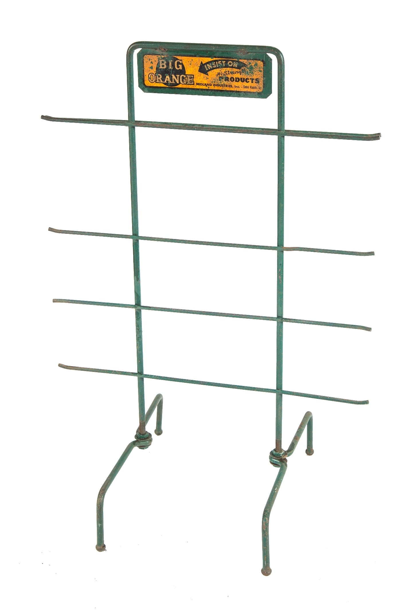 all original and intact c. 1950's salvaged american industrial freestanding hardware store "big orange" hitch pin metal display rack