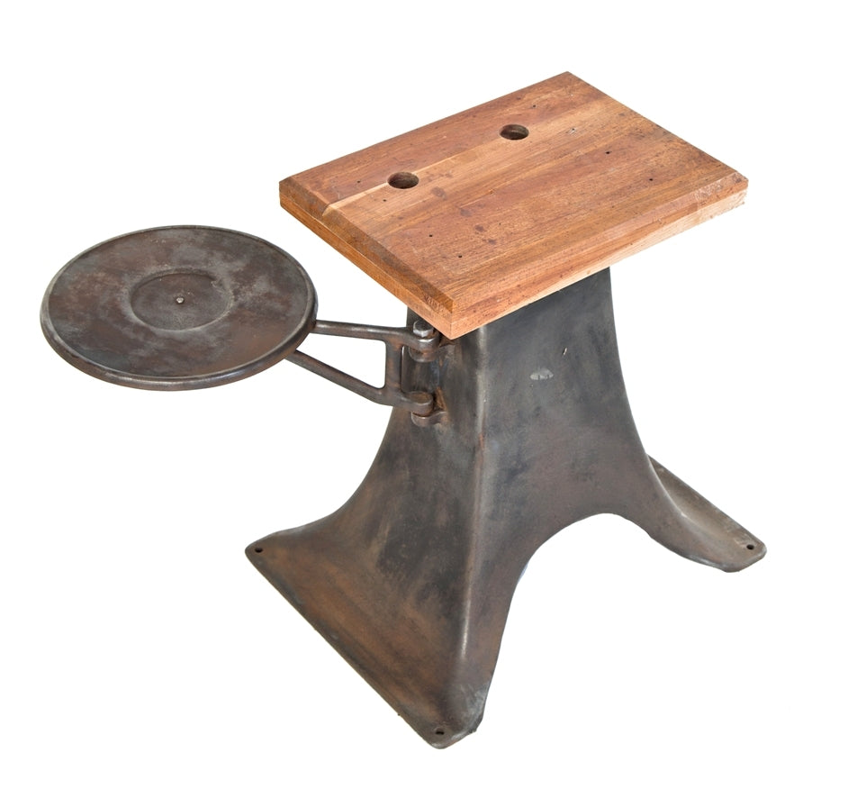 refinished low-lying antique american industrial cast iron machine base with newly added chamfered edge tabletop and swing-out circular platform