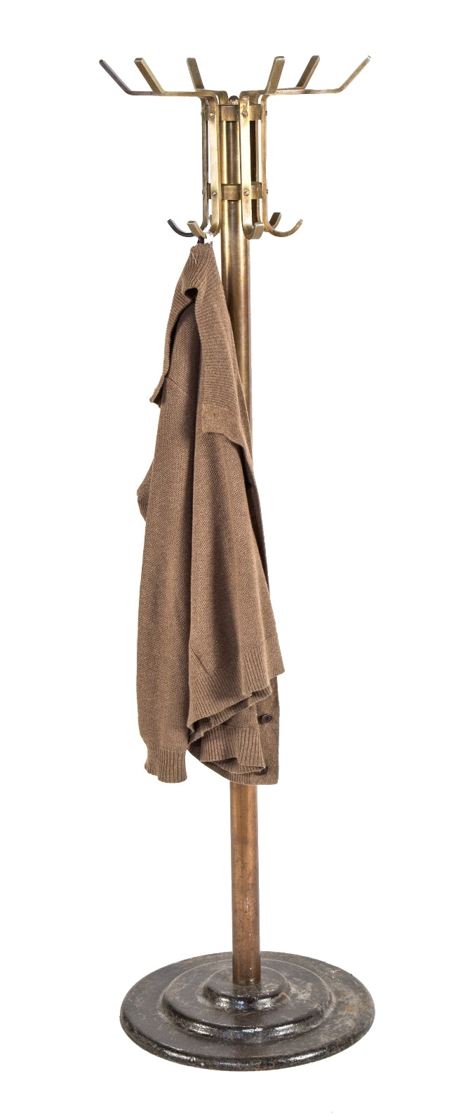original and well-maintained nicely patinated bronze-plated cast iron and steel freestanding salvaged chicago barbershop coat rack with revolving top
