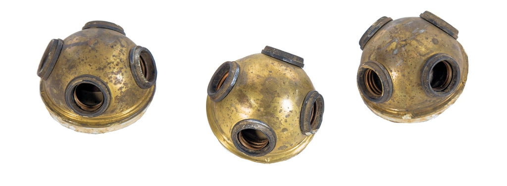 single rare early 20th century salvaged chicago factory four light socket cluster with brass shells and glazed white porcelain rings