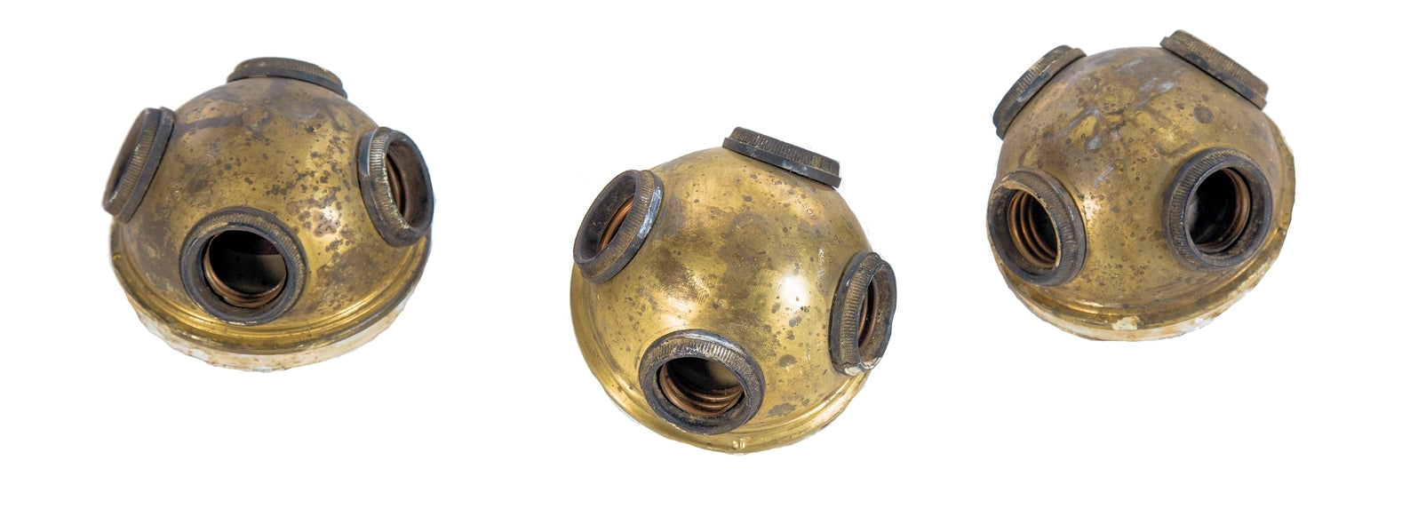 single rare early 20th century salvaged chicago factory four light socket cluster with brass shells and glazed white porcelain rings