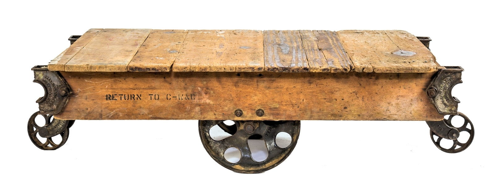 all original and nicely worn antique american industrial heavy duty salvaged chicago factory cart with intact spoked stationary and swivel casters