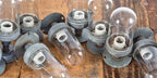 group of 12 lightly cleaned and refinished c. 1930's american antique industrial "explosion proof" chicago factory crouse-hinds pendant lights or condulets with