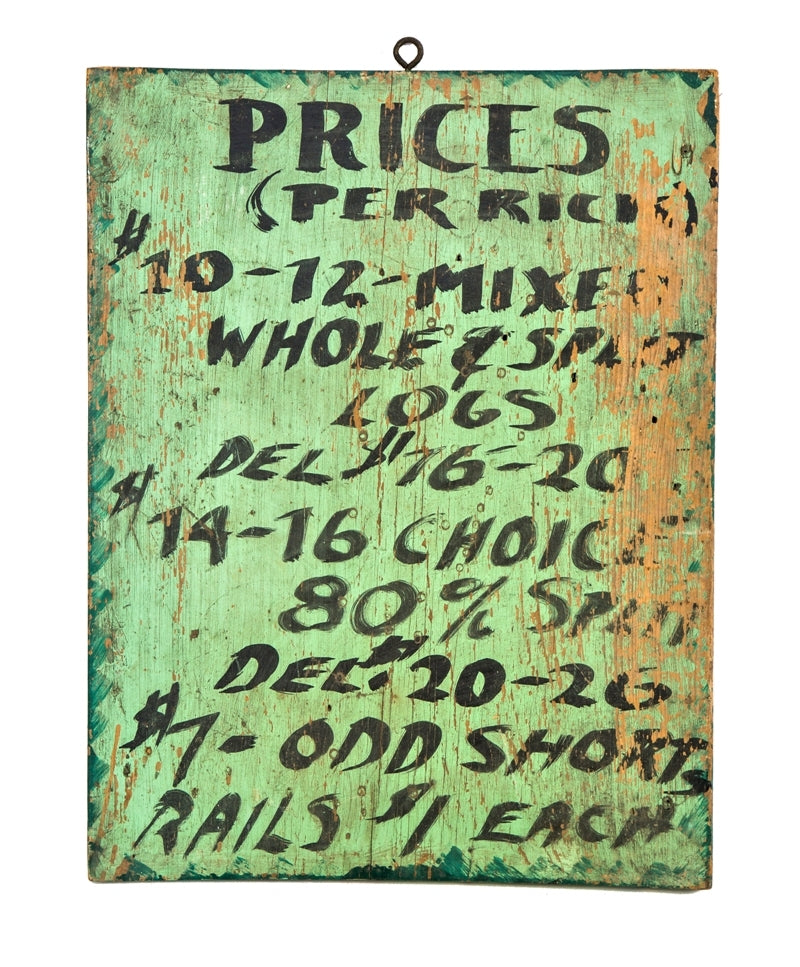 early 20th century weathered and worn hand-painted american folk art single-sided firewood salesman price chart with green and black paint finish