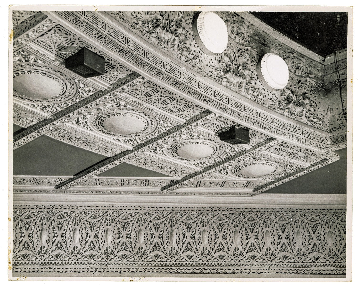 original museum-quality schiller building or garrick theater interior auditorium richly ornamented cast plaster balcony panel