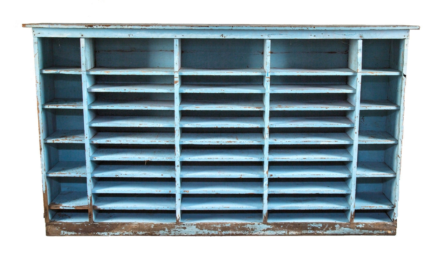 hard to find early 20th century oversized american general store custom-built heavily compartmentalized painted pine wood display cabinet with nicely aged surface patina