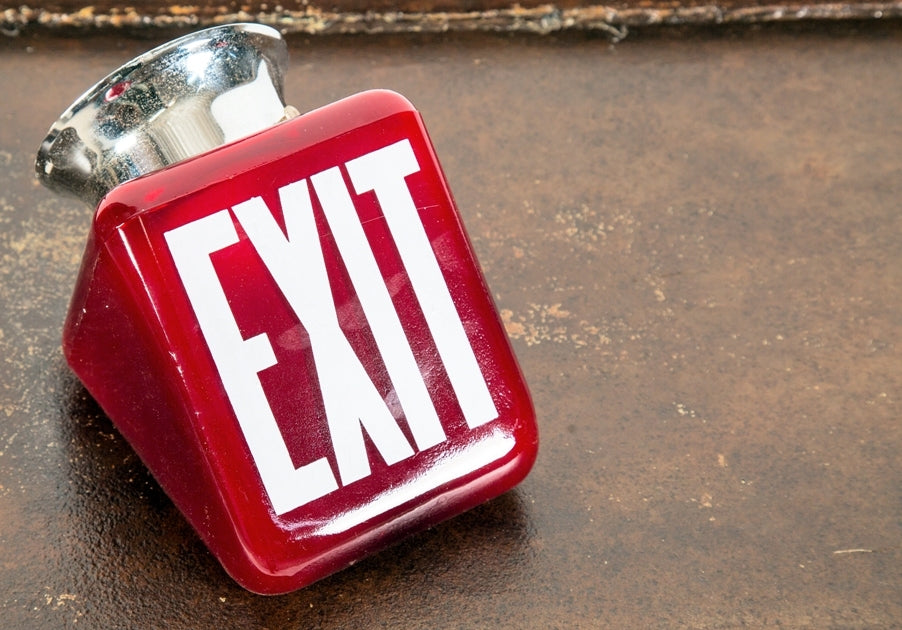 original antique american interior salvaged chicago hospital building double-sided ruby red glass wedge-shaped illuminated exit light with baked-on white lettering