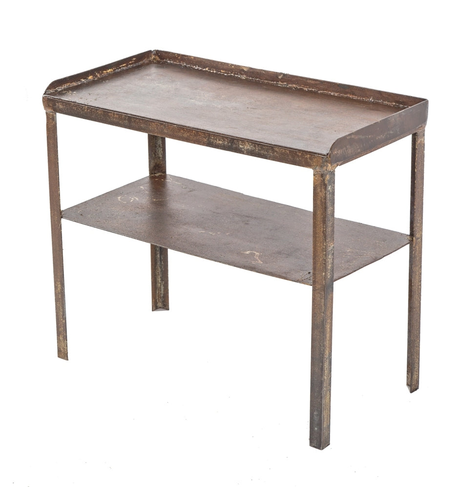 c. 1930's depression-era antique american factory machine shop two-tier custom built brushed metal steel shelving unit with three-sided raised edges