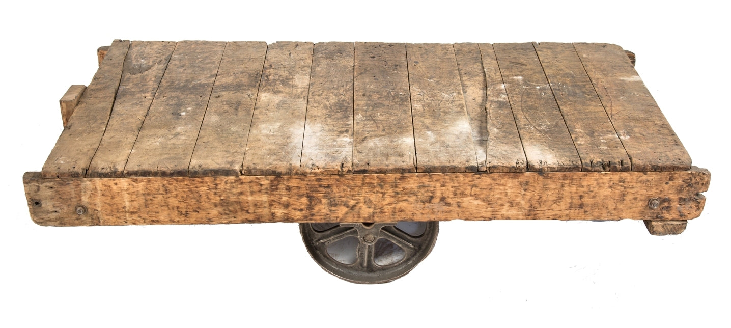 original late 19th or early 20th century antique american industrial salvaged chicago "towsley" mobile furniture cart with nicely worn and weathered wood finish
