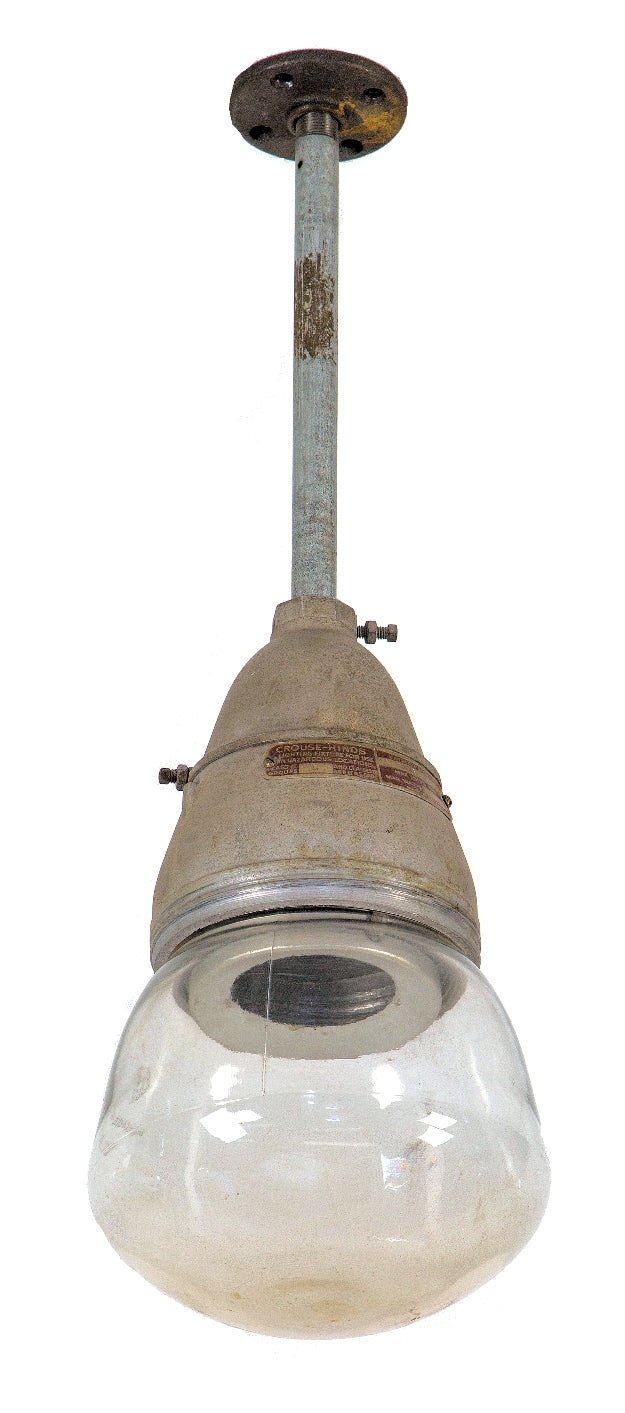 one of two matching original salvaged chicago wrigley chewing gum factory "explosion proof" crouse-hinds pendant lights with intact impact resistant glass globes