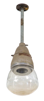 one of two matching original salvaged chicago wrigley chewing gum factory "explosion proof" crouse-hinds pendant lights with intact impact resistant glass globes