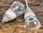 one of two matching original salvaged chicago wrigley chewing gum factory "explosion proof" crouse-hinds pendant lights with intact impact resistant glass globes