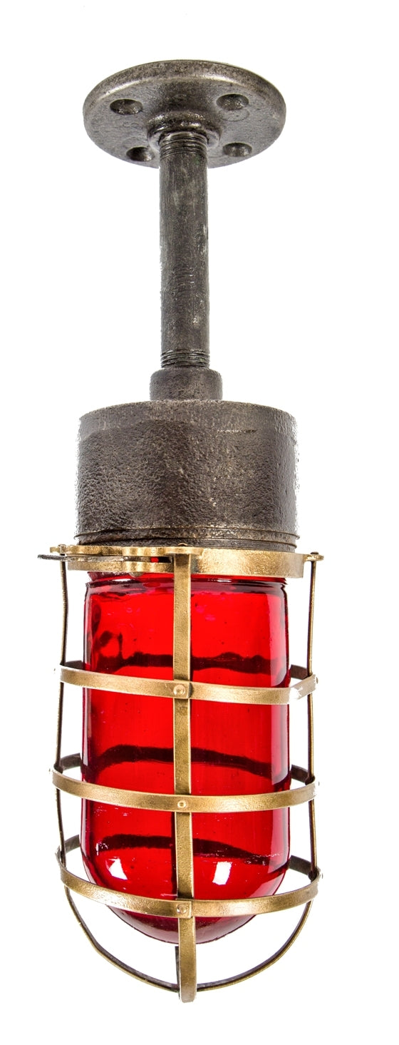 highly sought after original early 20th century antique american "type vha" explosion proof pendant light fixture with unusual riveted joint brass cage