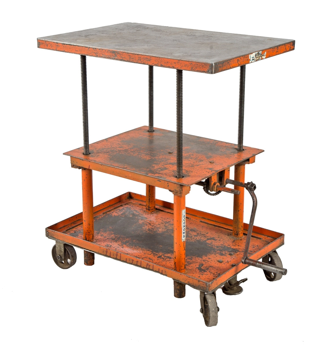 fully adjustable and thoroughly cleaned salvaged chicago three-tier heavy duty die cart or hand-crank table with perforated cast iron casters