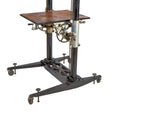 early 20th century antique american depression era oversized dearorff mobile 8 x 10 view camera stand or tilting crank table with turned wood handles and upright posts with counter-weights