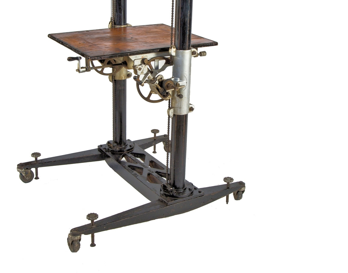 early 20th century antique american depression era oversized dearorff mobile 8 x 10 view camera stand or tilting crank table with turned wood handles and upright posts with counter-weights