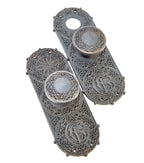 matching set of original museum-quality 1894 ornamental cast iron chicago stock exchange monogrammed backplates with matching oversized doorknobs