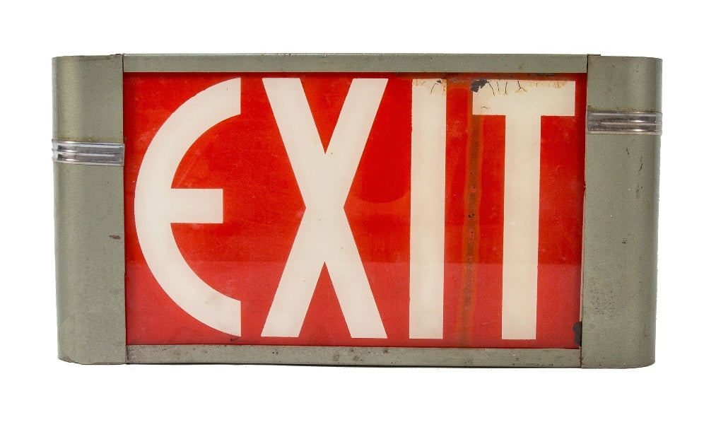 fully functional c. 1940's american depression era streamlined style art deco machine age wall-mount illuminated exit light with polished chrome bands