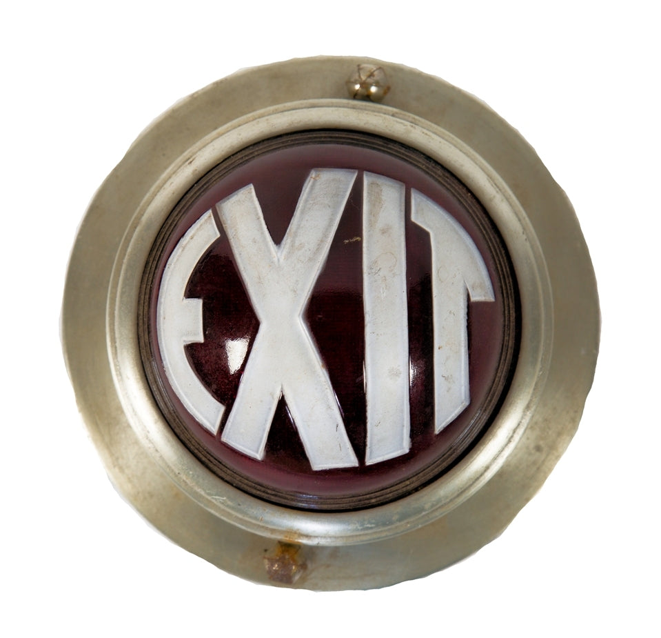 highly sought after all original antique american art deco style spun aluminum and ruby red glass circular-shaped exit light in excellent overall condition