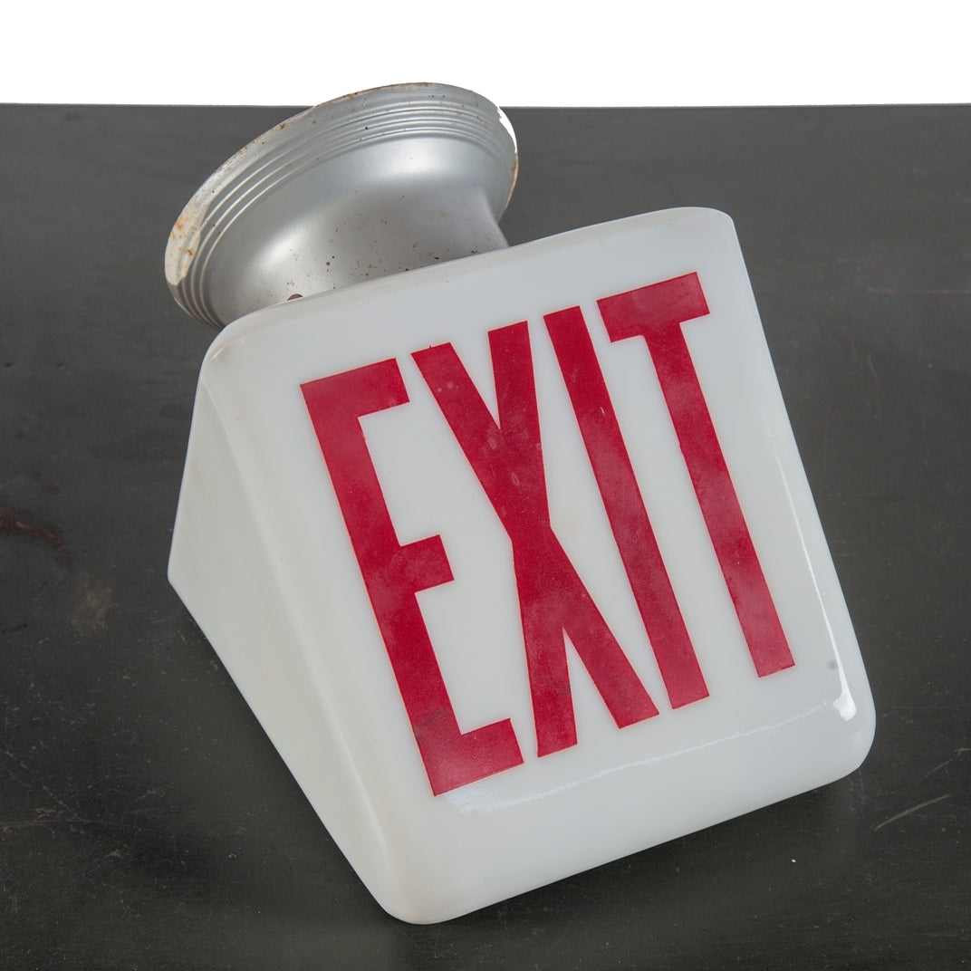 original and fully functional early 20th century antique american depression era 1930's "kopp" exit light fixture with white glass shade and big bold red lettering