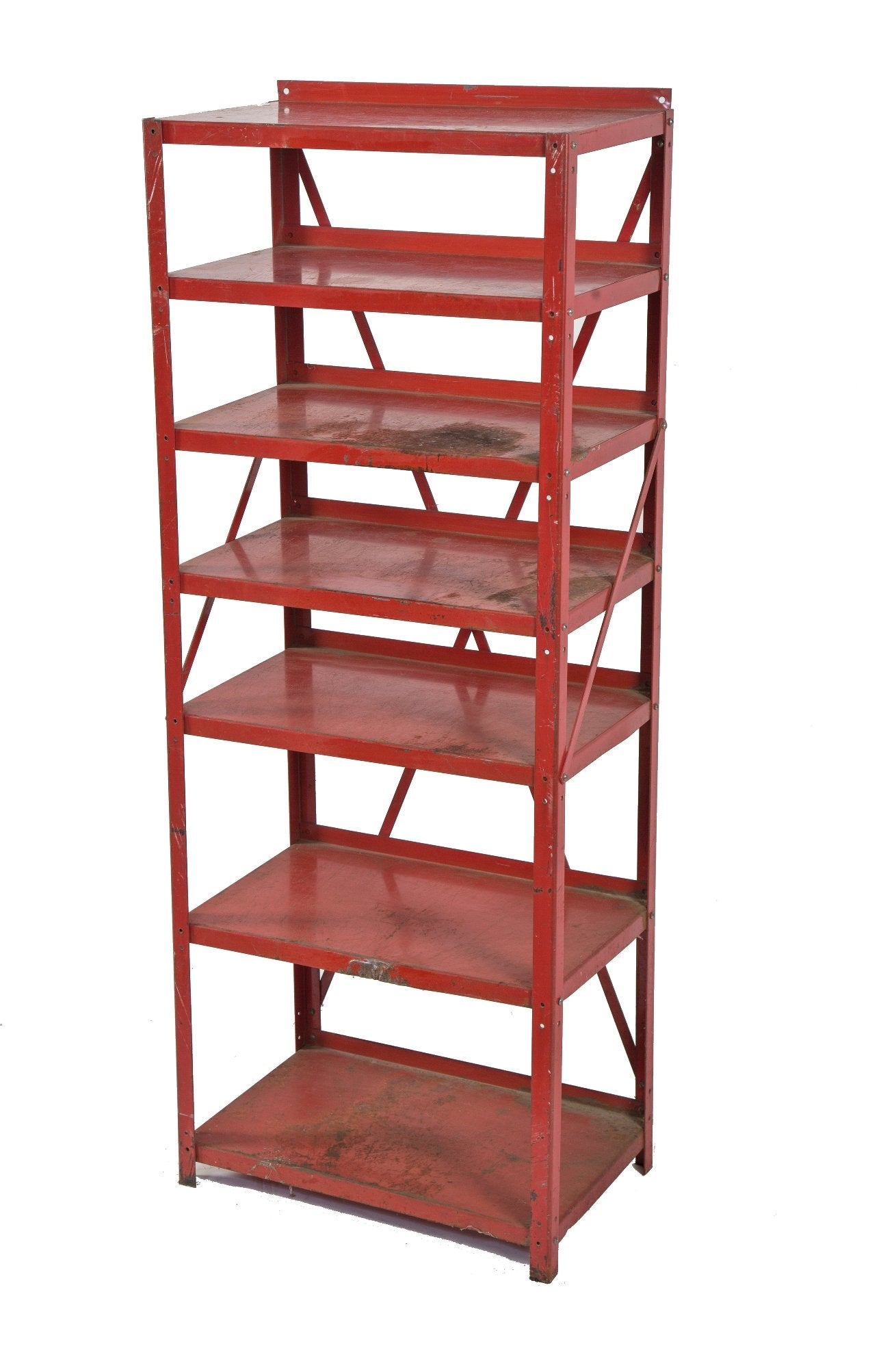 nicely aged original 1940's salvaged chicago red painted steel general store freestanding shelving unit with cross-bracing and angled steel supports