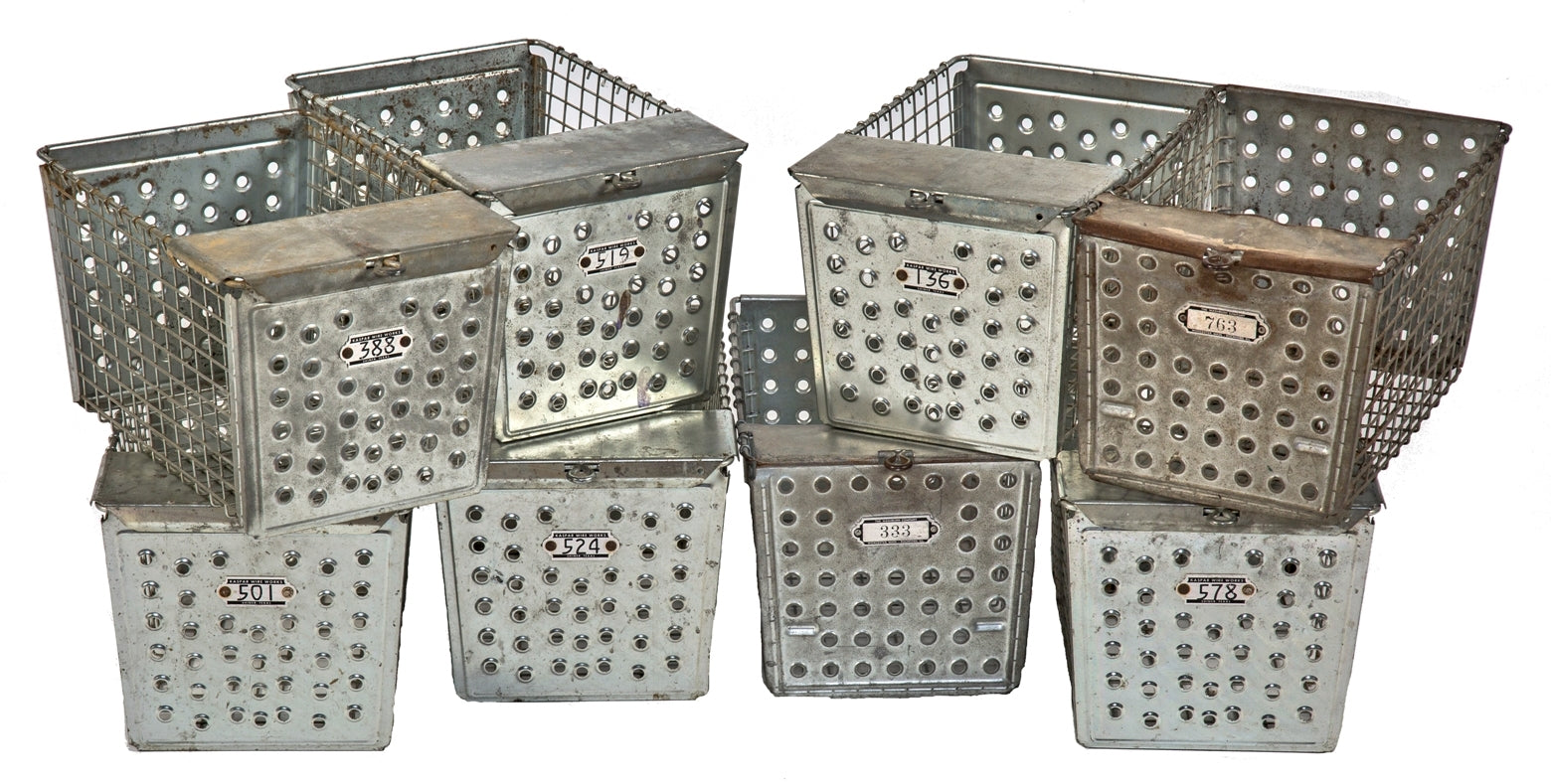 group of 4 matching original and intact pressed and folded combination wire and perforated steel salvaged chicago public school locker baskets with stamped steel number plaques