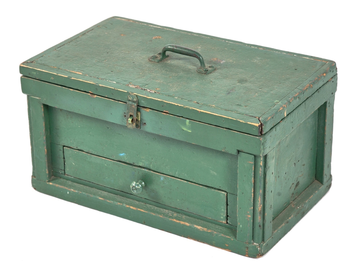 lightly cleaned early 20th century painted wood custom-built factory machinist tool chest with original handles, hinged top, and single pull-out drawer