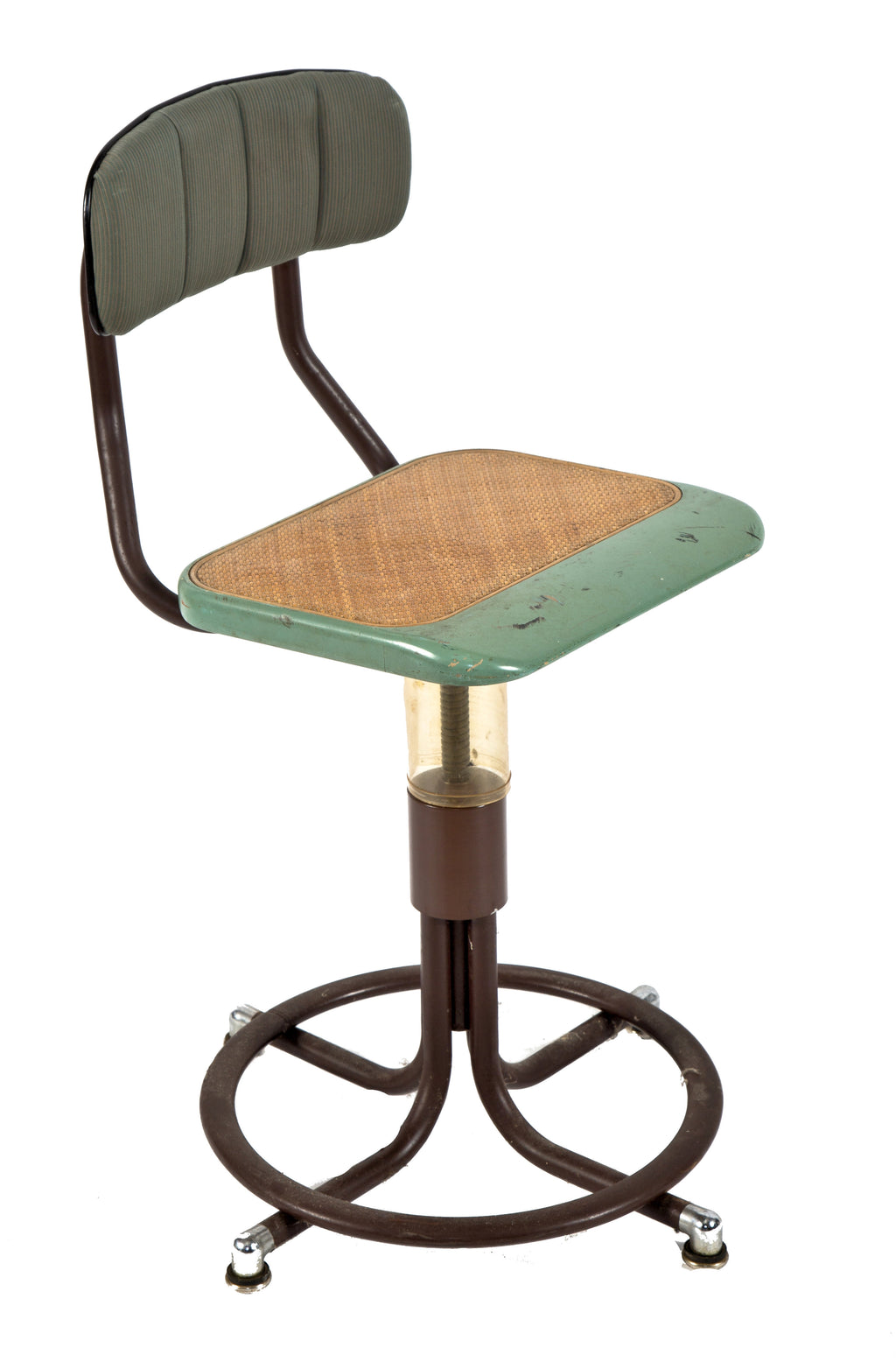 one of two nearly identical american depression era telephone company switchboard chairs or stools with adjustable height seat and curvaceous four-legged base