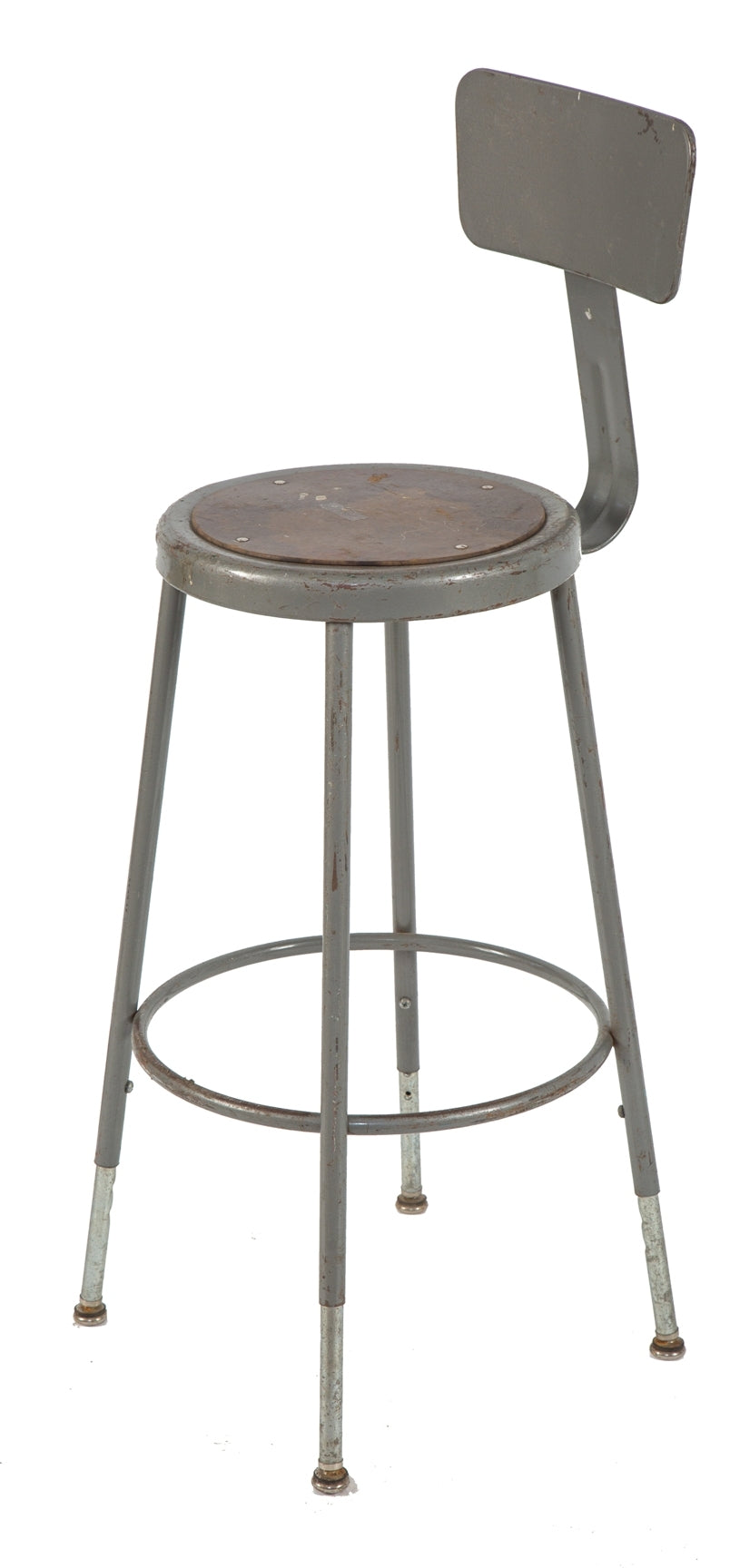 original c. 1950's four-legged adjustable height salvaged chicago factory machine shop with intact bent steel bracketed backrest and gunship gray enameled finish