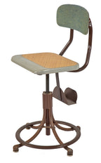 vintage american industrial salvaged chicago telephone switchboard adjustable height swivel stool or chair with bent and folded steel purse holder or bracket