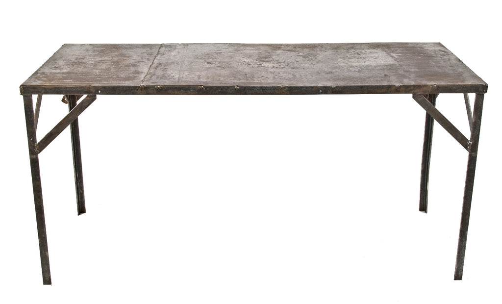 refinished c. 1930's american antique industrial brushed and sanded bare metal cold-rolled steel four-legged long and narrow side table with angled iron legs