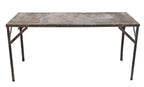 refinished c. 1930's american antique industrial brushed and sanded bare metal cold-rolled steel four-legged long and narrow side table with angled iron legs