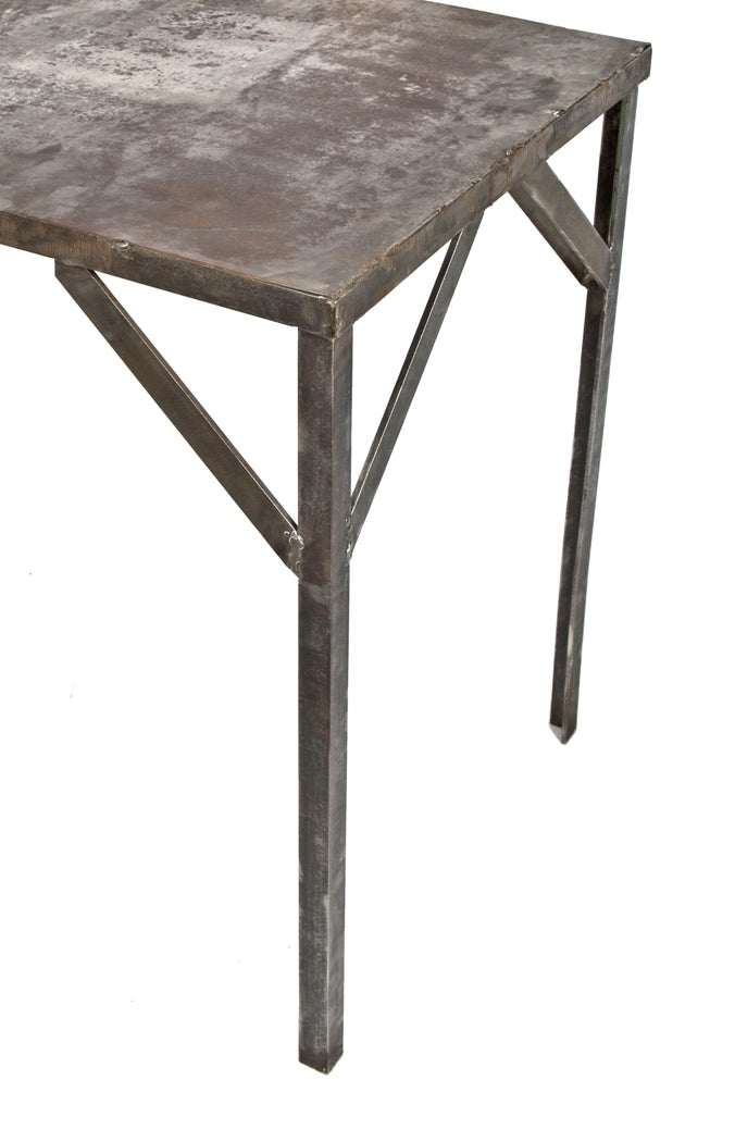 refinished c. 1930's american antique industrial brushed and sanded bare metal cold-rolled steel four-legged long and narrow side table with angled iron legs
