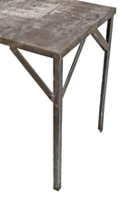 refinished c. 1930's american antique industrial brushed and sanded bare metal cold-rolled steel four-legged long and narrow side table with angled iron legs