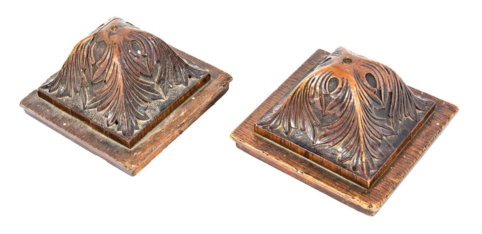 matching set hand-carved solid oak salvaged chicago interior residential richardsonian romanesque newel post finials or caps with original stained finish