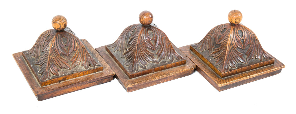 one of three custom-made 19th century antique american hard-carved richardsonian romanesque solid oak wood interior residential newel post finial or cap with original finish