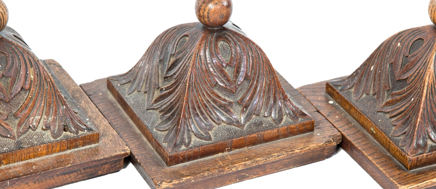 one of three custom-made 19th century antique american hard-carved richardsonian romanesque solid oak wood interior residential newel post finial or cap with original finish